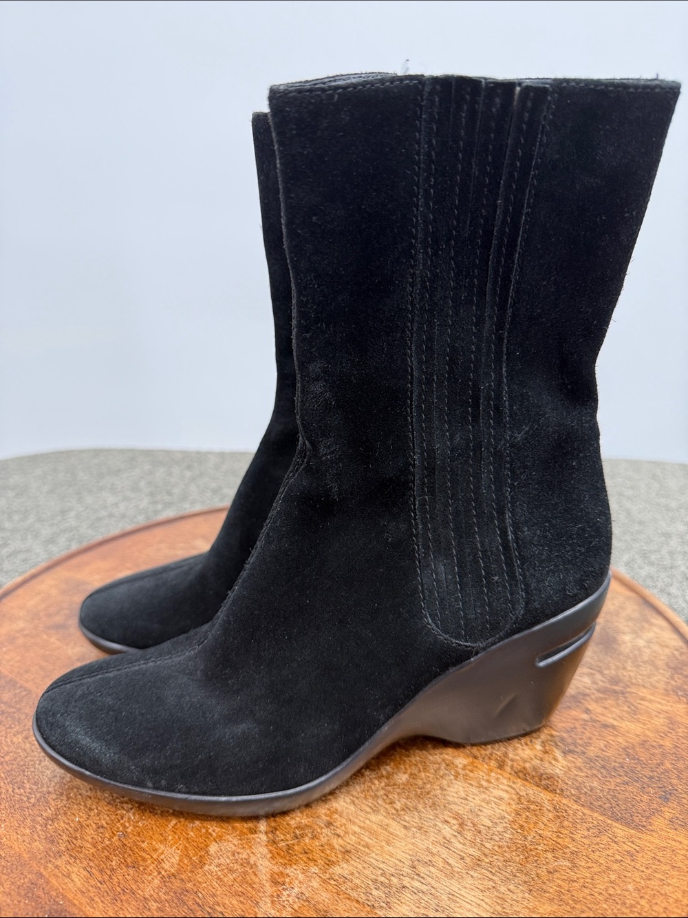 Cole Haan Nike Air Boot Wm 6.5 B Black Suede Mid-Calf Wedge Boots Pull On Casual